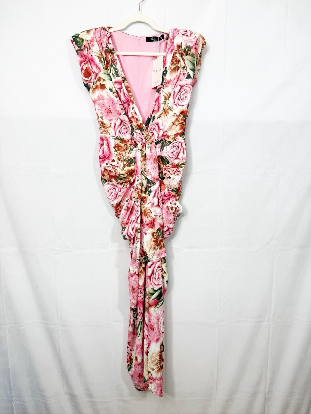 Mew Mews Quinta Deep V Neck Floral Printed Ruched Midi Statement Dress - Picture 2 of 16